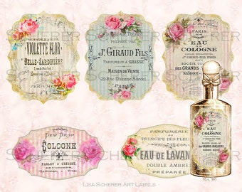 French Perfume Label Collage: Shabby Chic Ephemera (Digital Download)