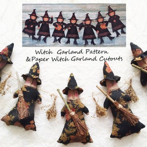 Instant download pattern garland witch paper articulated folk art primitive Halloween moon healer fantasy digital dolls