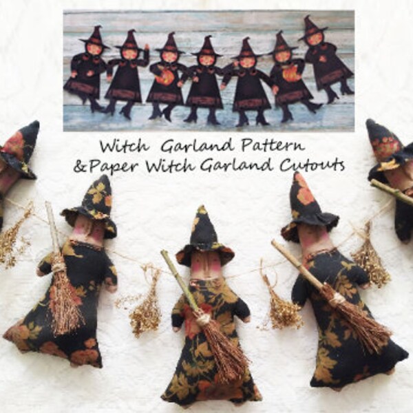 Instant download pattern garland witch paper articulated folk art primitive Halloween moon healer fantasy digital dolls