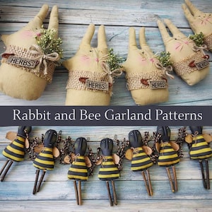 Folk Art Primitive Bunny Rabbit & Honey Bee Garland Doll Pattern Instant Download