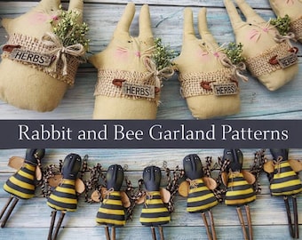 Folk Art Primitive Bunny Rabbit & Honey Bee Garland Doll Pattern Instant Download