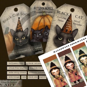 Instant Download Printable Words Collage Sheet Digital Black Cats Folk art Primitive Halloween Hang Gift Witch Tags Art