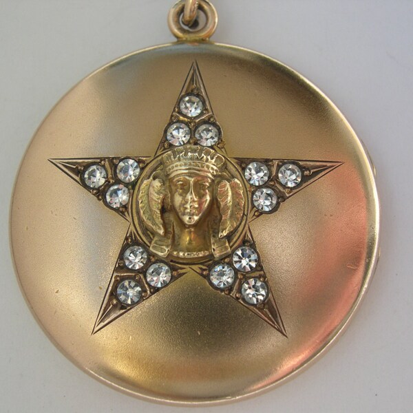 SALE Extra Large Egyptian Star 1.5" Pharaoh Head Crystal Brilliant Gold Filled Antique Victorian Locket Pendant Chain Necklace