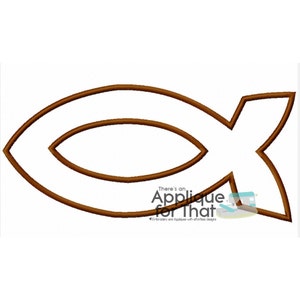 May include: A brown Ichthys symbol, a Christian symbol, is displayed against a white background. The symbol is a stylized fish shape, with a curved line forming the body and a cross-like shape at the tail.