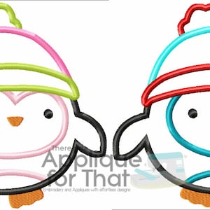 May include: Two cartoon penguin designs. One penguin has a pink hat with a green brim and a purple bow. The other penguin has a blue hat with a red brim. Both penguins have black outlines, orange beaks, and black eyes.