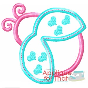 May include: An embroidered design featuring a stylized ladybug shape in pink and teal, with teal hearts. The design includes the text "There's an Applique for That" in red. The design is on a white background.