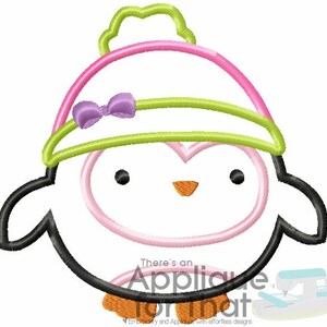 May include: A cartoon penguin design with a pink body, black wings, and an orange beak and feet. The penguin wears a pink and green hat with a purple bow. The text "There's an Applique for that" is at the bottom.