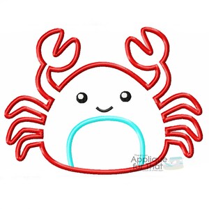 May include: A cartoon crab design with a white body, red claws and outline, and a blue belly. The crab has black eyes and a smiling mouth. The image is a digital design, likely for embroidery or applique.