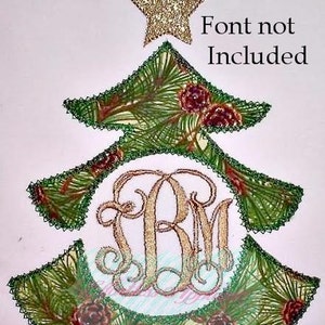 May include: A Christmas tree design with a gold glitter star on top. The tree is green with pine needles and red pinecones. The center features gold monogram letters. Text on the image reads "Font not Included."