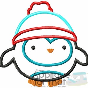 May include: A cartoon penguin design with a red and blue winter hat. The penguin has a blue body outline, black wings, and a small orange beak. The text "There's an Applique for that" is at the bottom.