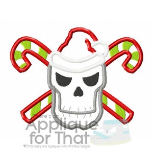 May include: A skull wearing a Santa hat, with crossed candy canes. The skull is gray with black eye sockets and a black nose. The candy canes are red with green and white stripes. The image has the text "Applique for That".