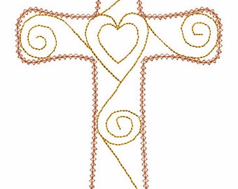 Vintage Stitch Cross with Swirl Heart Applique Design