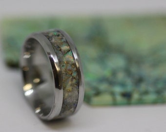 stone inlay Crysocolla glowring stainless steel sizes 6-13