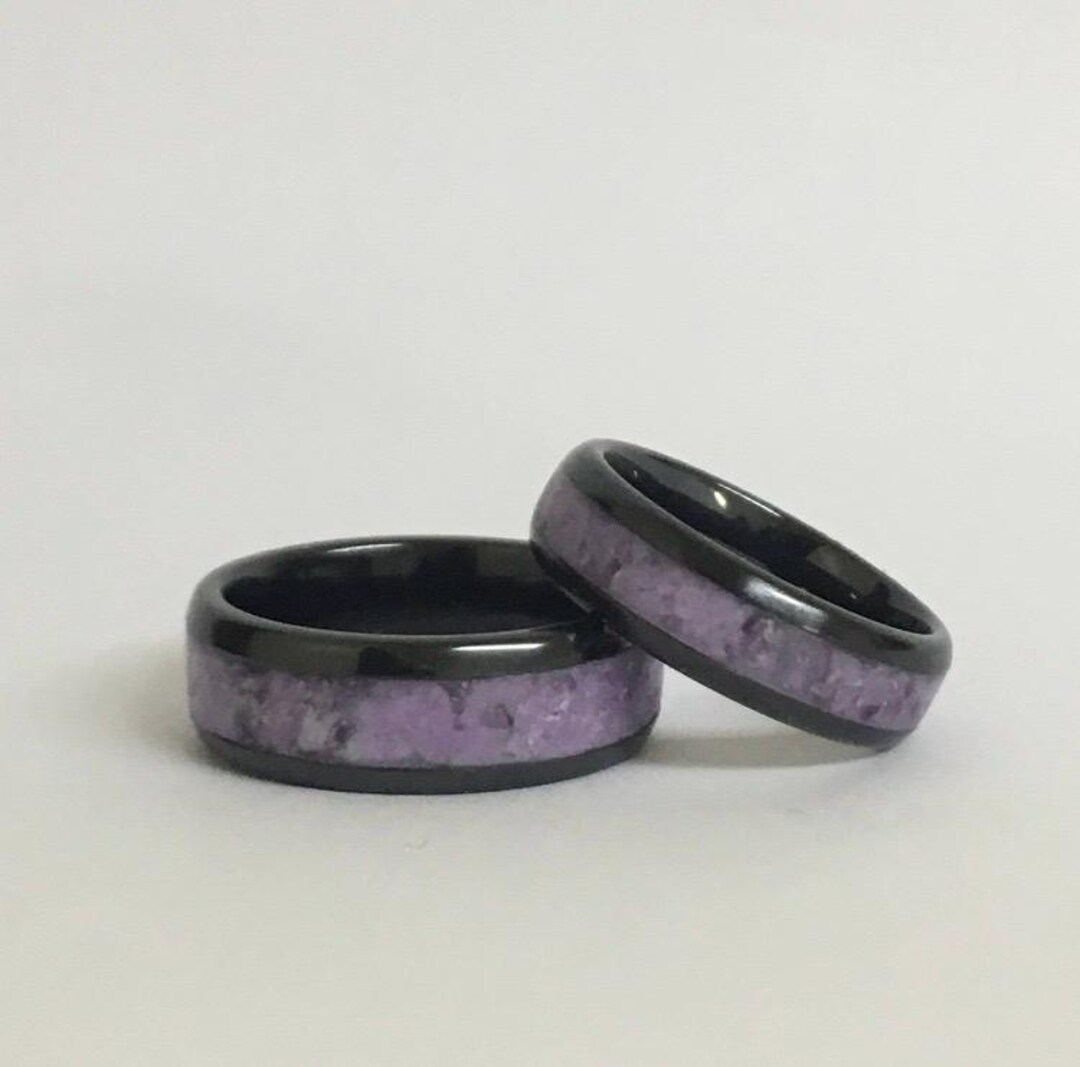 Couples Black Ceramic Wedding Ring Set: Crushed Amethyst & Glow Stone ...