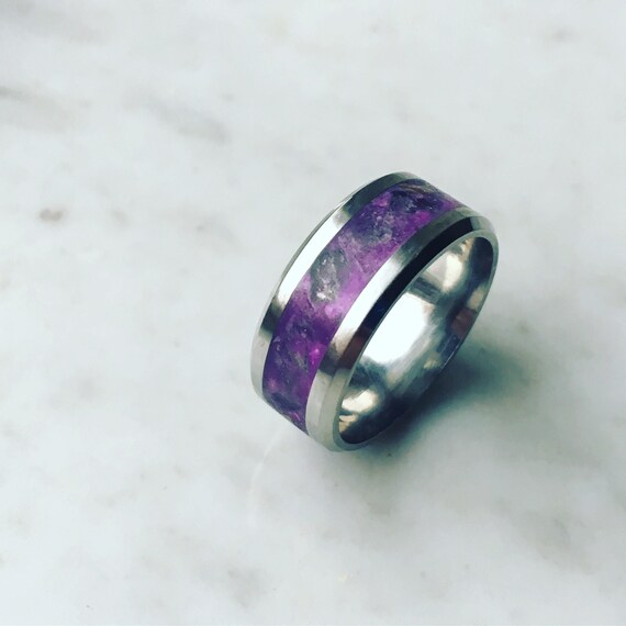 stone inlay Crysocolla glowring stainless steel sizes 6-13