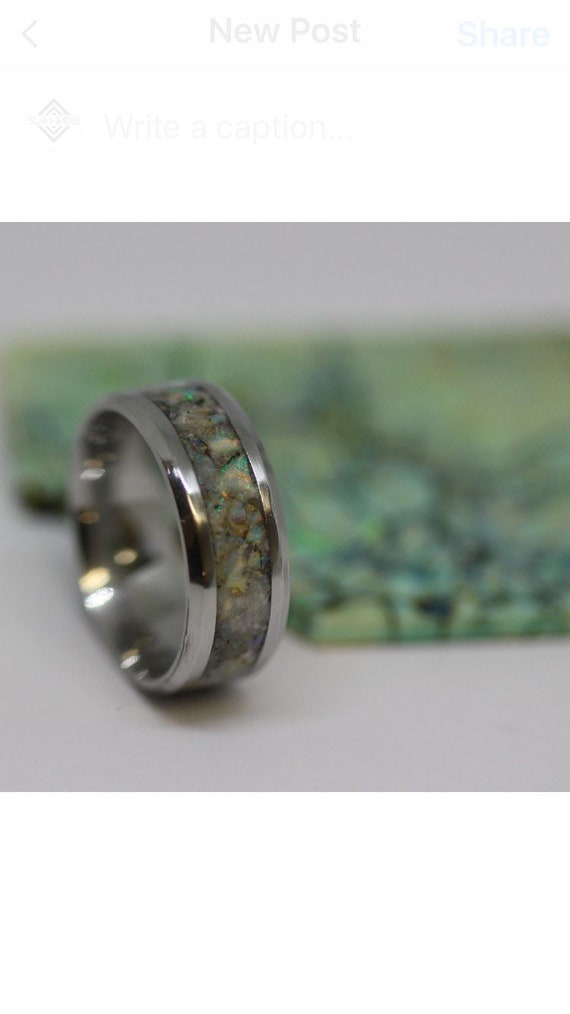 stone inlay Crysocolla glowring stainless steel sizes 6-13