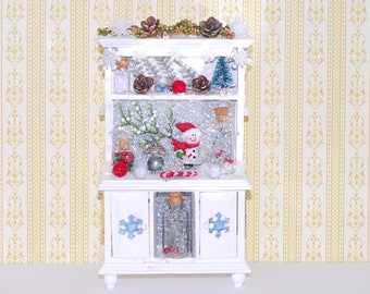Snowman winter hutch, dollhouse cabinet, miniature filled cabinet, winter wonderland scene