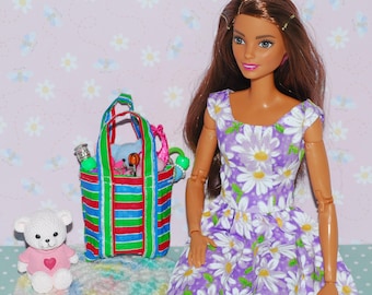miniature tote bag with baby items plus handmade crochet rug. Doll is NOT included.