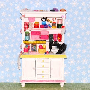 Buttons and bows Dollhouse cabinet, miniature sewing hutch, filled sewing cabinet