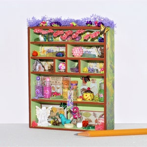 Butterfly fairy cabinet, miniature dollhouse filled curiosity cabinet, nature and crystal collection