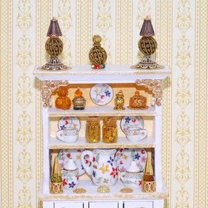 Elegant china cabinet, white and gold miniature dollhouse filled kitchen hutch, cupboard