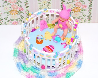 Mini Easter playpen with baby doll, crochet rug, pillow and blanket