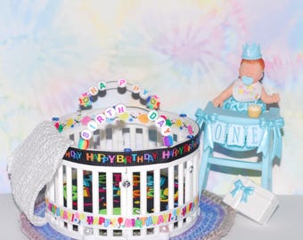 Mini Doll Birthday Playpen Set with Highchair, Crochet Blanket & rug