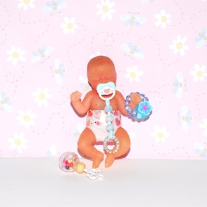 Set of 3 handmade toys and pacifier with nipple for silicone mini baby, miniature dollhouse toys for baby, baby toys. Doll is NOT included.