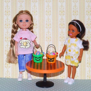One Halloween candy pail Boo bucket for 6&quot; dolls inspired by vintage McD happy meal. Miniverse table and dolls and outfits are NOT included.