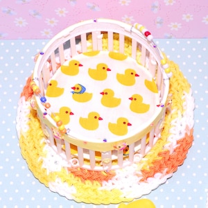 Handmade Ducky Playpen Set with crochet rug, blanket and zuru baby doll
