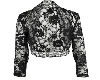 Damen Schwarze Spitze 3/4 Ärmel Bolero Shrug Jacke Größen 6-30