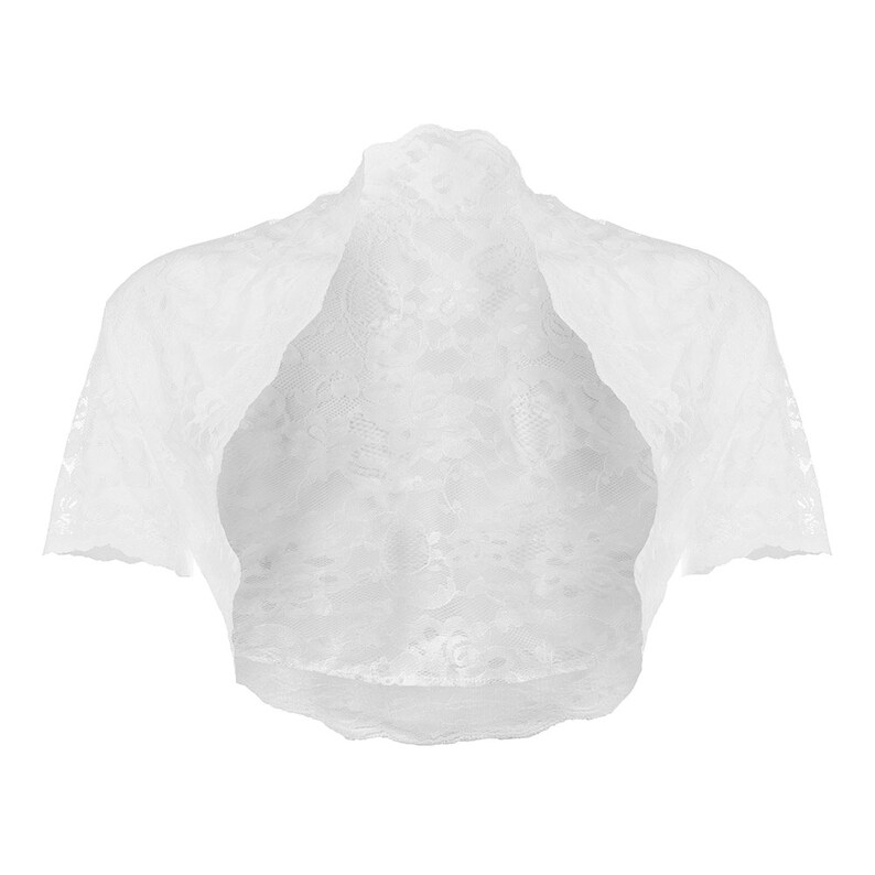 Ladies White Lace Short Sleeve Bolero Shrug Jacket Sizes 4-26 Ladies White Lace Short Sleeve Bolero Shrug Jacket Sizes 4-26