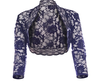 Dames marineblauw kanten bolero met 3/4 mouwen, maten 6-30