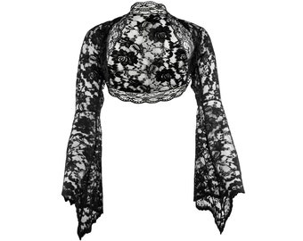 Ladies Black Lace Long Bell Sleeve Bolero Shrug Jacket Sizes 8-30