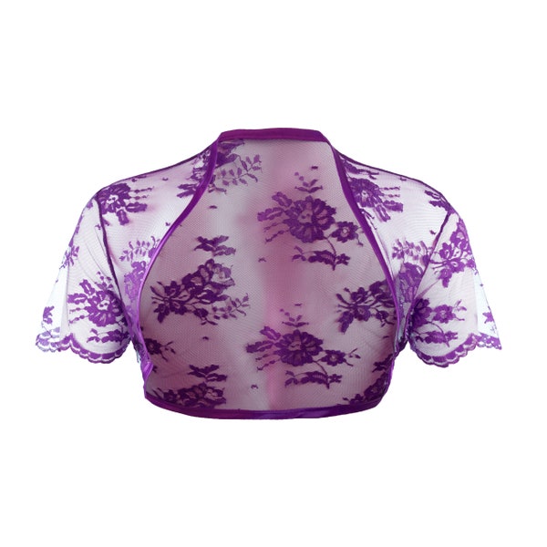 Veste boléro boléro en dentelle violette à manches courtes pour femme, tailles 4 à 26