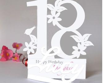 Handmade 3D Paper Cut 18th Birthday Card, Personalised Name, Flowers, Birds Detail