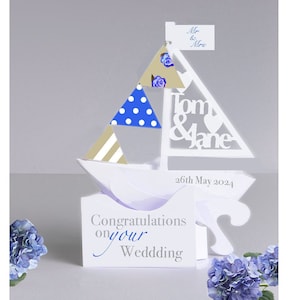 Tarjeta de boda velero emergente 3D personalizada, recortada en papel, hecha a mano