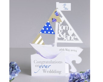 Personalised 3D Popup Wedding Sailing Boat Card Paper Cut Handmade