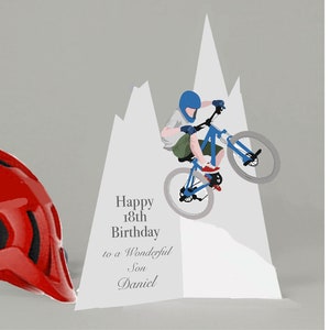 Tarjeta de cumpleaños personalizada con foto de bicicleta de montaña en 3D cortada en papel para cualquier edad para un hijo, nieto, sobrino, ahijado, hermano, etc. Hecha a mano