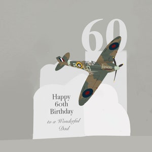 Gepersonaliseerde Spitfire Aircraft-verjaardagskaart 3D-papier gesneden voor een vader, opa, oom, broer, zoon enz. Handgemaakt