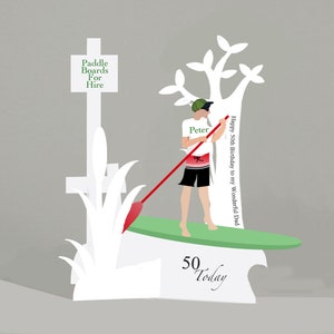 Personalisierte Paddle Boarding 3D Geburtstagskarte für einen Sohn, Enkel, Patenkind, Vater, Onkel, Tochter, Enkelin, Nichte usw.