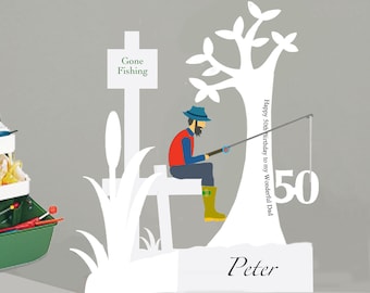 Tarjeta de cumpleaños personalizada con diseño de pesca, hecha a mano en 3D con papel recortado, para cualquier edad.