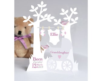 New Baby Personalised 3D Paper Cut Card for a Daughter, Granddaughter.Niece, Goddaughter,Grandson,Son etc.Handmade.