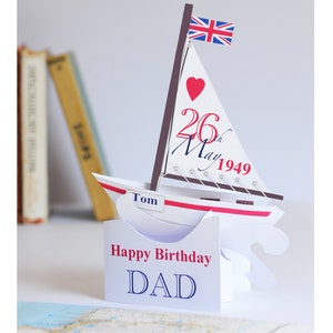 Tarjeta de cumpleaños o día del padre personalizada con diseño de barco de vela emergente en 3D para papá, tío, abuelo, hijo, etc.
