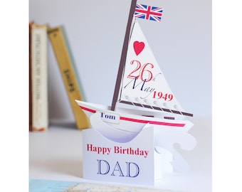 Biglietto di auguri pop-up 3D personalizzato per compleanno/festa del papà a forma di barca a vela, per papà/zio/nonno/figlio ecc.