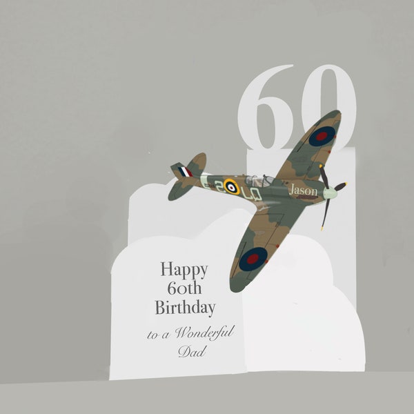 Personalisierte Spitfire-Flugzeug-Geburtstagskarte, 3D-Papierschnitt für einen Vater, Opa, Onkel, Bruder, Sohn usw.