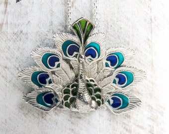 Silver Peacock Art Nouveau Necklace, Enamaled Art Nouveau Necklace, Artisan Peacock Necklace