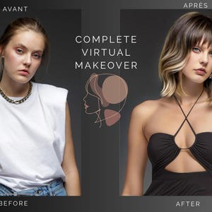 Peut inclure: Image divisée montrant une femme avant et après un relooking virtuel. L'image "avant" montre une femme en haut blanc et jean. L'image "après" montre la même femme avec une nouvelle coiffure et un haut noir. Le texte indique "COMPLETE VIRTUAL MAKEOVER".