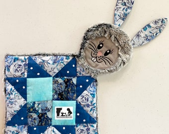 Quilted Lovey Blanket, Baby Shower Gift, Handmade Stuffed Bunny, Faux Fur, Baby Quilt