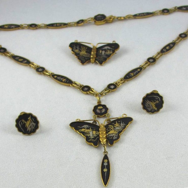 Vintage Ethnic Jewelry : Vintage Amita Japan Damascene Parure Necklace, Earrings and Brooch